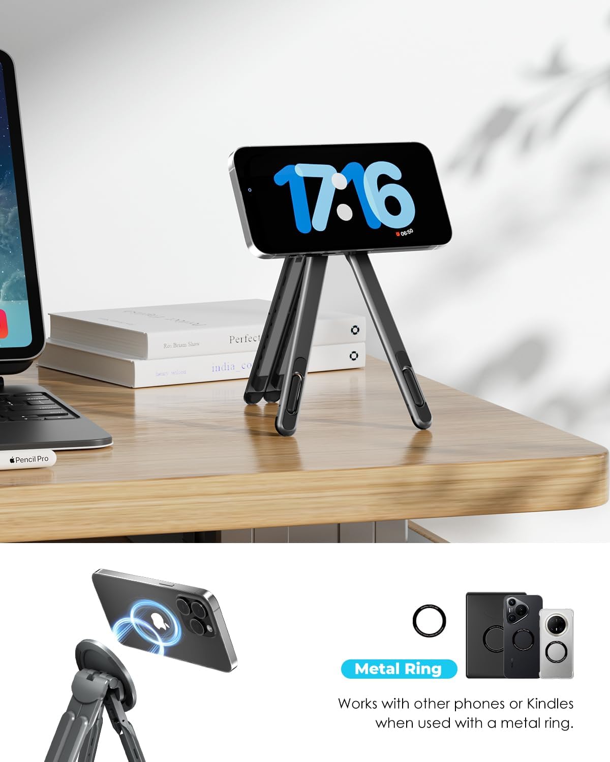 Viozon Magnetic Phone Holder Tripod, Portable Laptop Stand for Desk, Compatible with 10–16" Laptops and 4–13" Phones/Tablets, Compact Foldable Aluminum Alloy,Travel Essentials