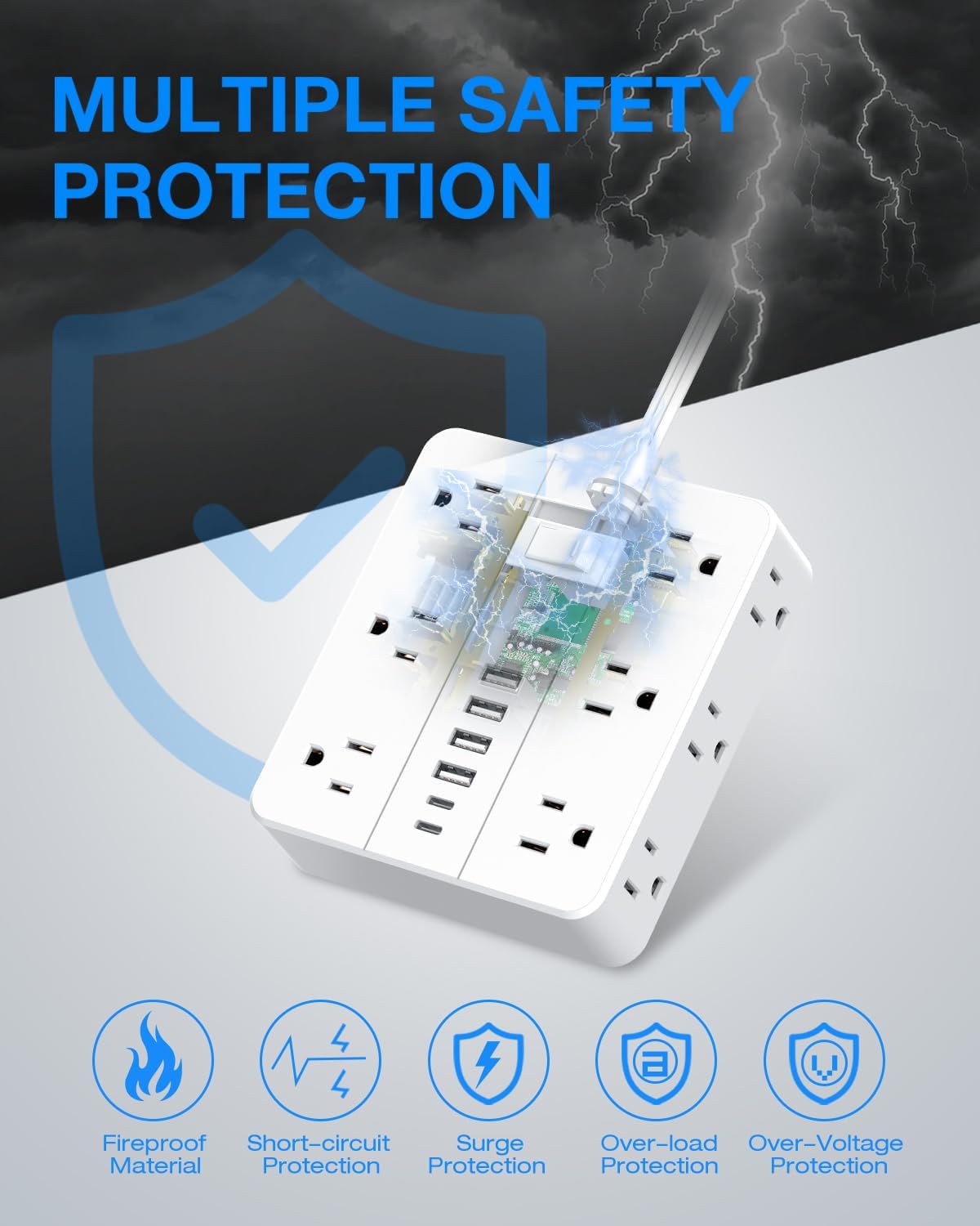 Flat Plug Power Strip Surge Protector, Flat Extension Cord Indoor 20 Feet, HUNIAN 12 Widely Spaced Outlets with 6 USB (2 USB C Ports), Desk Charging Station for Home Office Supplies, White