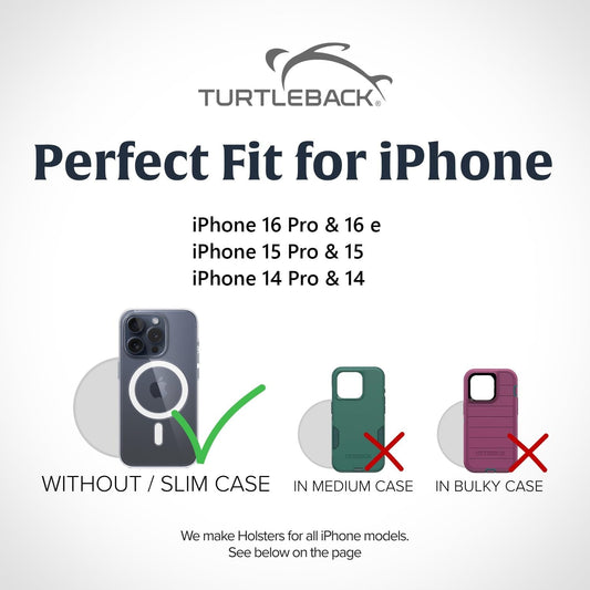 Turtleback Belt Clip for iPhone 16 Pro, 16e, 15 pro 14 Pro 13 Pro -Small- Fits w/Slim MagSafe Style Cases - Premium Black Leather, Vertical Belt Holder, Magnetic Closure, HD Rotating Belt Clip