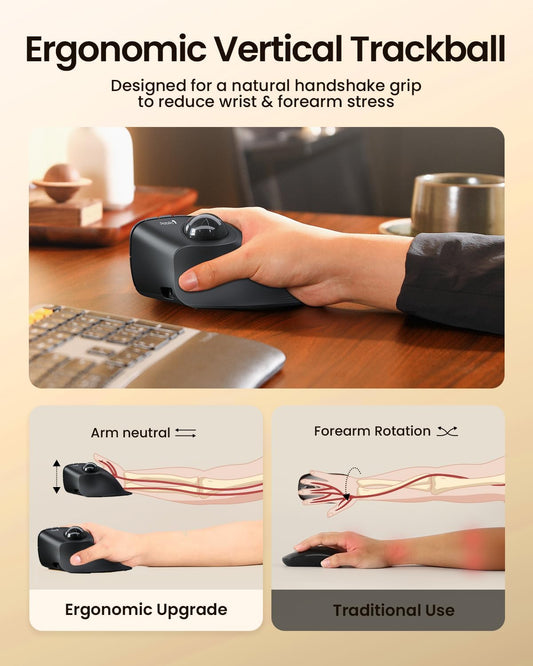 ProtoArc Vertical Wireless Trackball Mouse, EM05 NL Bluetooth Ergonomic Rollerball Mouse Rechargeable Computer Laptop Thumb Mice, 3 Device Connection, Compatible with iPad, Mac, Windows, PC-Gray