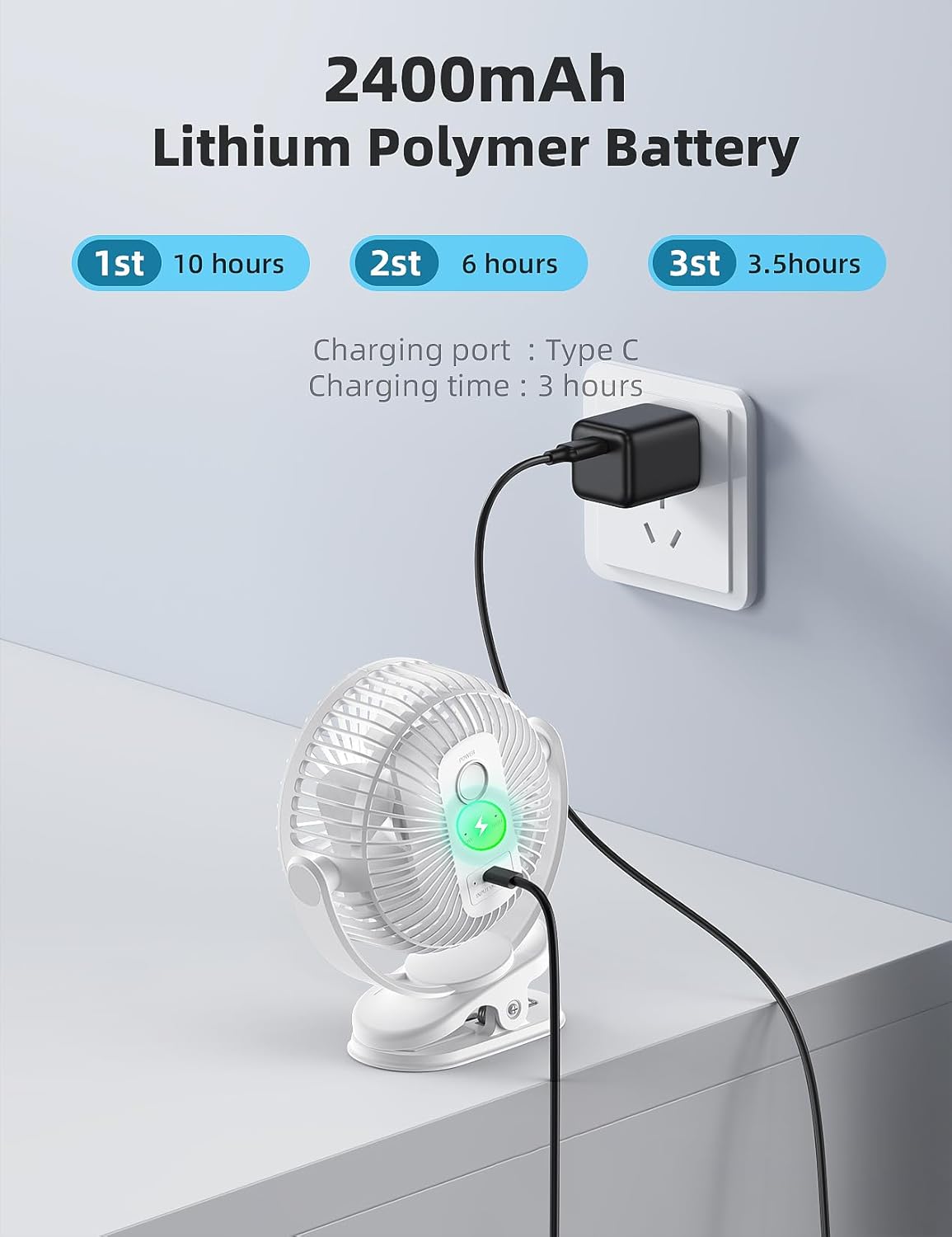 usb Personal Clip on Fan 2400mAh Battery Operated 6in, Type C, 3 Speed, 720 adjustment, Small Portable Fan for Table, Bedroom, Desk, dormitory, Camping, Stroller, Golf Cart