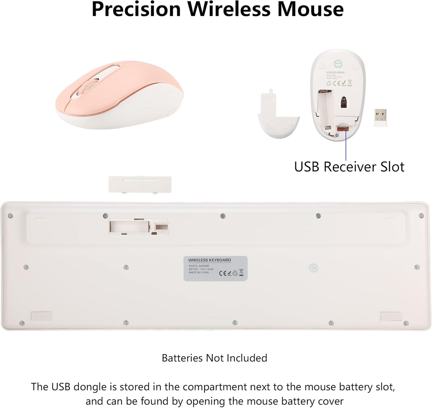 Wireless Keyboard and Mouse Combo, 2.4G Silent Cordless Keyboard Mouse Combo for Windows Chrome Laptop Computer PC Desktop, 106 Keys Full Size with Number Pad, 1600 DPI Optical Mouse (Pink)