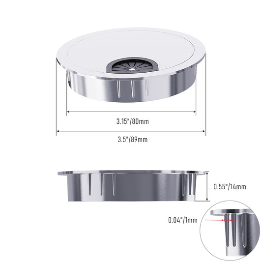 Desk Grommet 3-1/8 Inch 80mm, Zinc Alloy Computer Desk Wire Hole Cover, Office Desktop Cord Cable Hole Metal Ring, Bright Silver