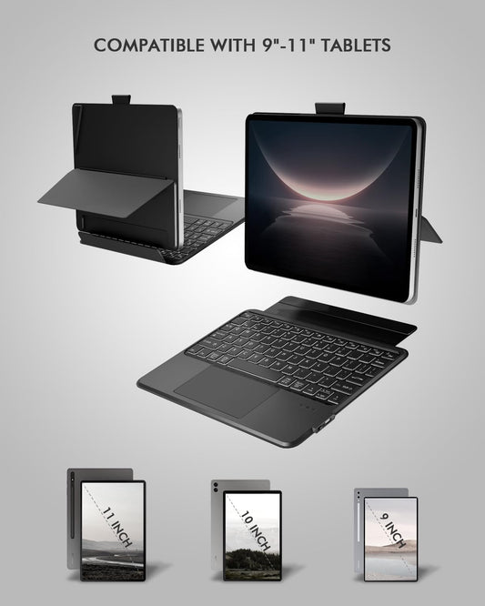 Universal Keyboard Case for 9-11 Inch Tablets, Bluetooth Detachable Keyboard for Android Tablets/iPads/Galaxy Tabs, Magnetic Backlit Keyboard with Washable Adhesive Mount & Any-Angle Stand & Trackpad