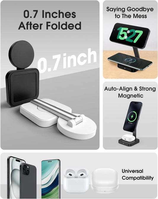 Magnetic Charging Station for iPhone 16 15 14 13 12 Series, Foldable Wireless Charger for Multiple Devices, Faster Mag-Safe Charger Stand, Portable Charging Stand for AirPods 4/3/2/Pro, Phone Holder