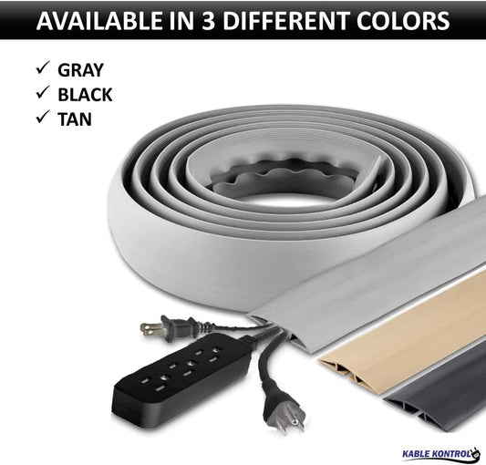 Kable Kontrol Floor Cord Cover kit - 6 Feet Long Black Plastic Cable Protector, Hides Cords and Conceals Wires, for Extension Cord Cable Management, Channel Size 0.75” W x 0.43” H