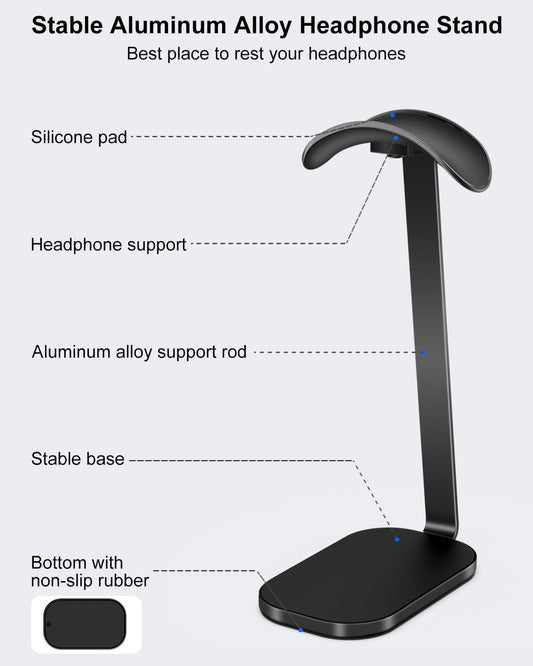 VICHYIE Headphone Stand for AirPods Max, Headset Holder with Aluminum Supporting Rod, Heavy Base Desk Stand Headphones Support Accessory for All Headphones - Black