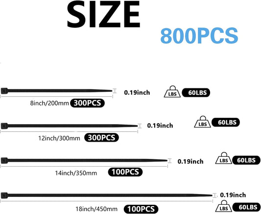 800 PCS Black Zip Ties Assorted Sizes 8+12+14+18 Inch Self-locking Nylon Cable ties Heavy Duty Outdoor, UV Resistant Wire Straps for Home Office Garden Workshop Indoor Outdoor Fence