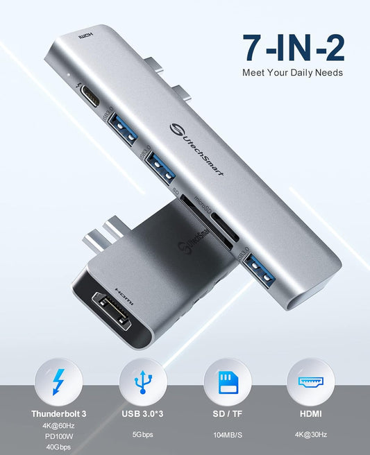 USB C Hub Adapter MacBook - UtechSmart 7 in 2 MacBook Pro/Air Accessories Multiport Adapter with Thunderbolt 3 Port, 100W PD 4K@30Hz, 40Gbps 4K HDMI, 3*USB3.0 Data Port SD and MicroSD Card Reader