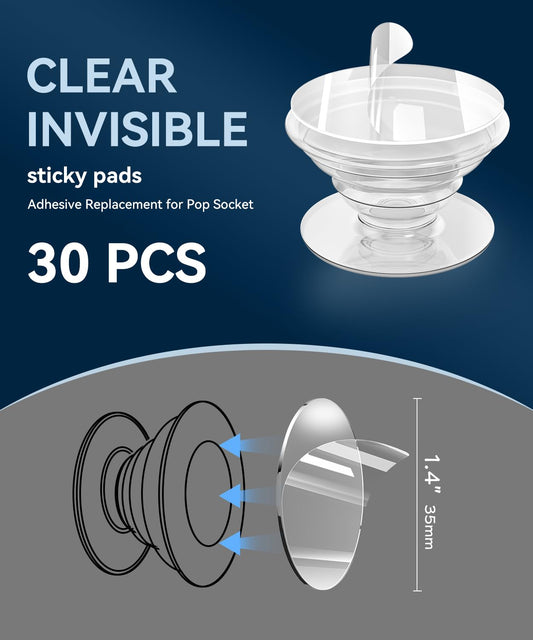 30 Pack Super Sticky Adhesive, Clear Invisible Adhesive Replacement for Pop Socket Base, 1.4 Inch Non-Damaging Double Sided Tapes for Phone Collapsible Grip & Stand Back