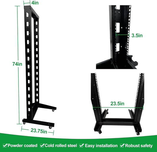 2 Post 38U Open Frame Server Rack 2-Post Server Rack Network Rack,with Movable casters,Comes with 2 Center Trays,for 19 Inch Equipment, Networking Data & IT Devices,1020lbs Weight Capacity(2P-DL-38)