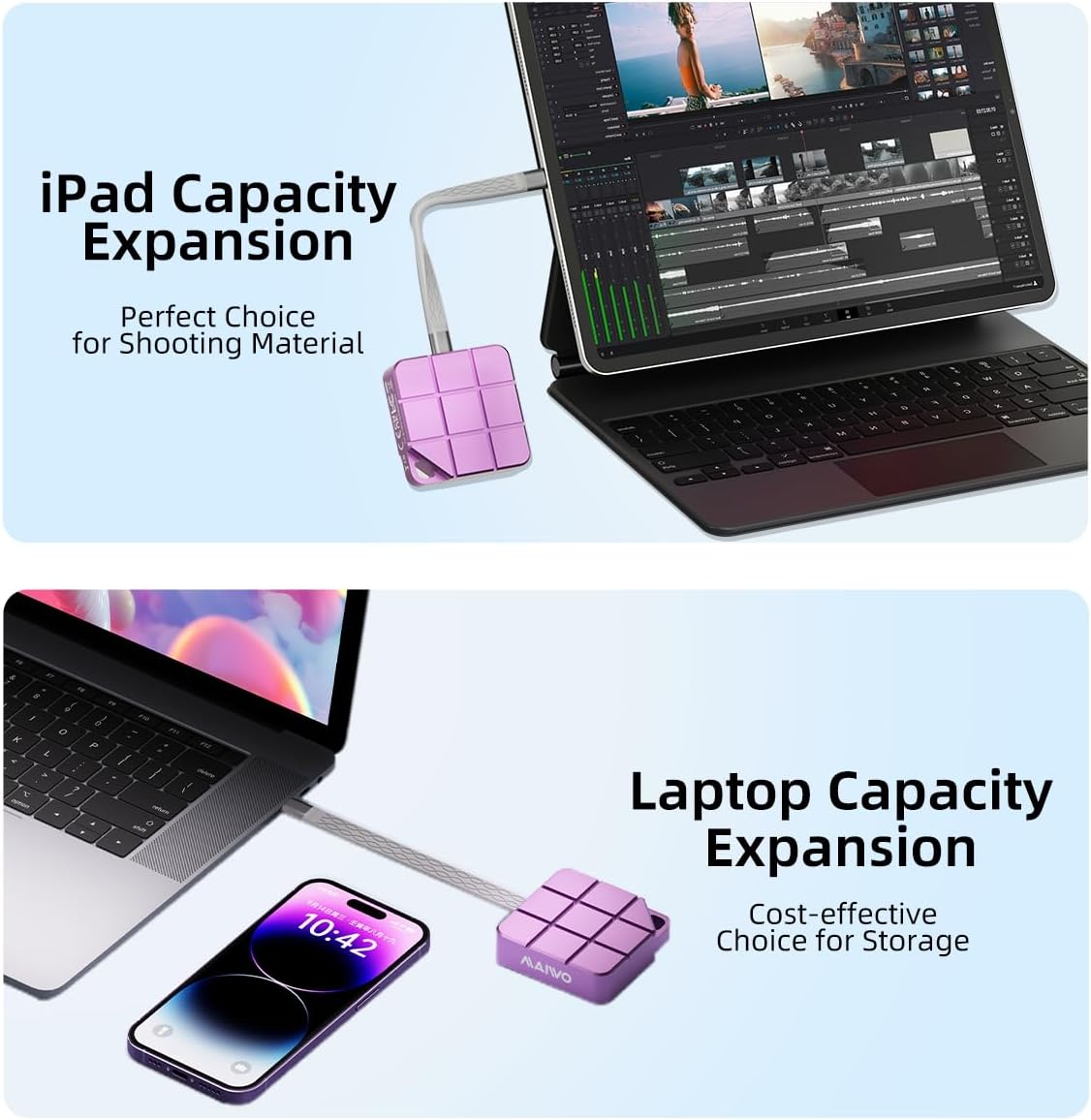 MAIWO 1TB Portable External Solid State Drive Build-in M.2 2230 PCIe NVMe SSD, USB C 3.2 Up to 1050MB/s, Mini Cute PSSD for iPhone 15 16 Pro Max MacBook Pro Air, Aluminum (Pinkish Purple)