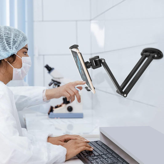 Tablet Wall Mount with Adjustable Long Arm Hinge 360° Swivel Bracket for 4.7 to 12.9 inch Tablet or Phone(Black)