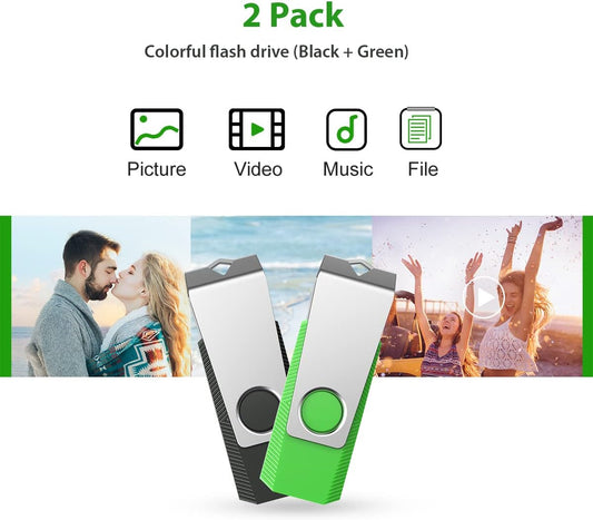 Aiibe 128GB Flash Drive 2 Pack 128GB USB Flash Drive Thumb Drive Zip Drive USB 2.0 Memory Stick USB Drive with Keychain (128G, 2 Colors: Black Green)