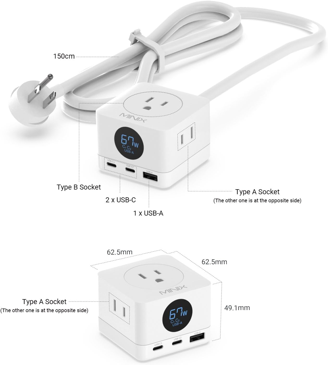 MINIX 67W USB C Charger with 3 Outlets, Gan 3-Port Compact Cube Fast Power Strip Surge Protection, 5ft Extension Cord, for MacBook Pro/Air, iPhone 15/14/Pro, Galaxy S23/S22, for Dorm, Home & Office
