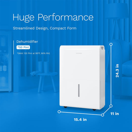 hOmeLabs 50 Pint Wi-Fi Dehumidifier for up to 7,000 Sq Ft Rooms (MAX 120 Pint at 95°F, 90% RH) – Powerful Humidity Control for Large Rooms and Basements