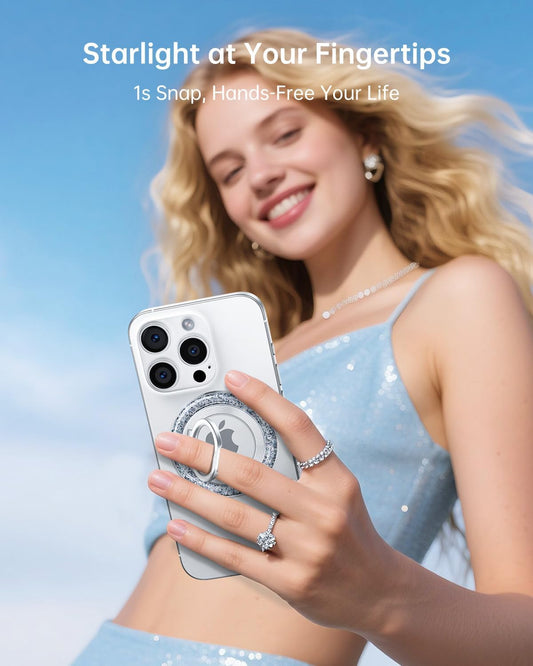 SYNCWIRE Magnetic Phone Ring Holder for MagSafe - Glitter Phone Grip Stand with 360° Rotation & Reinforced Hinge, Compatible with iPhone 16 15 14 13 Pro Max Plus MagSafe Accessories - Glitter Silver