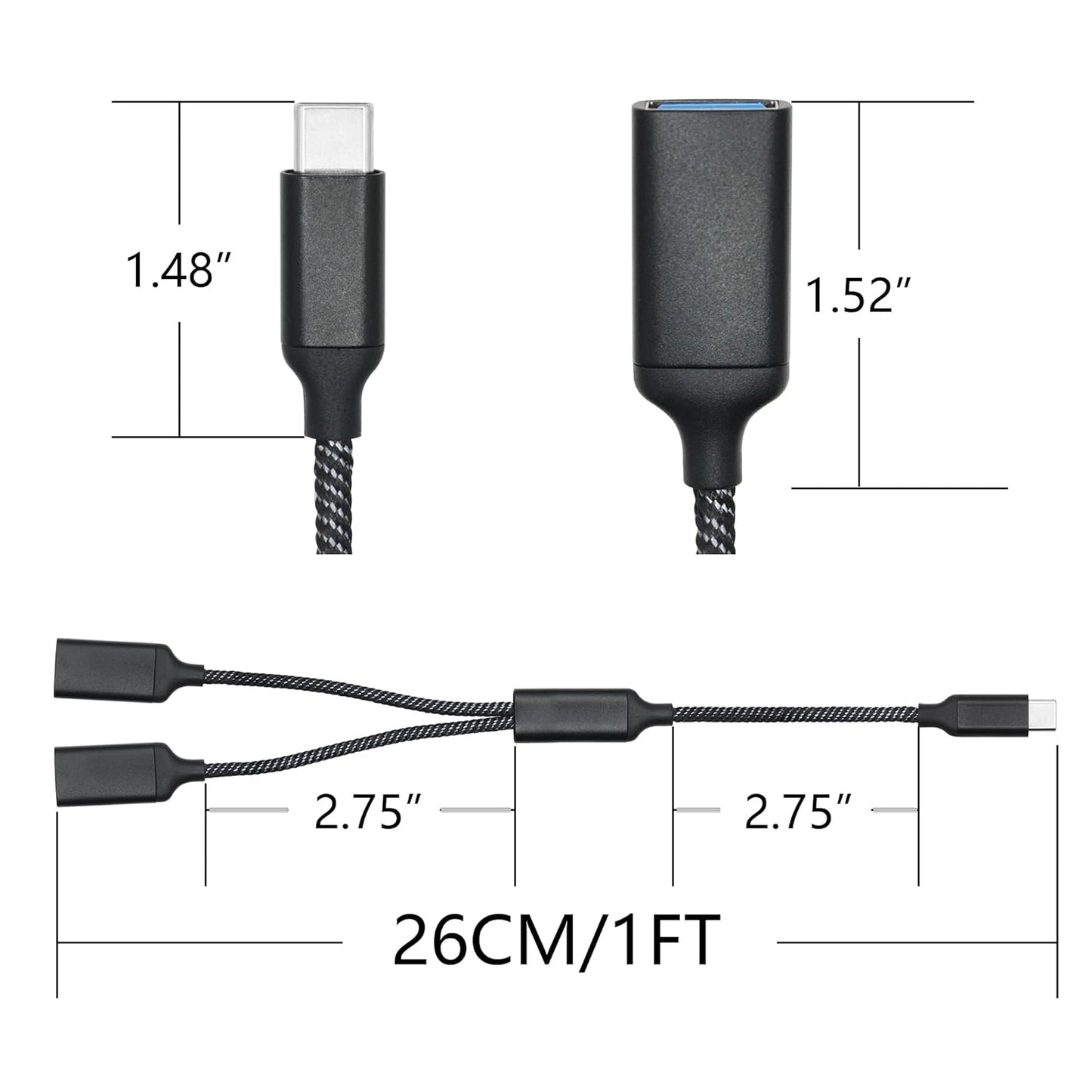 USB Splitter Cable 1FT, USB Type C Male to Dual USB A Female Y Splitter Adapter 1 in 2 Out, Power & Data with OTG Function Intelligent Chip, for Smartphone, Laptop, Car etc