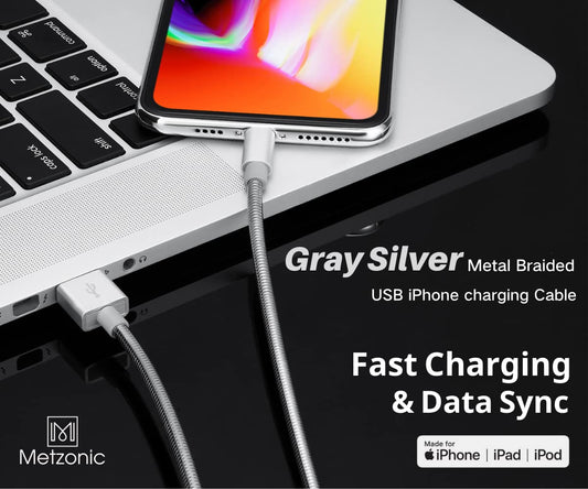 MFi Certified Metal Charger Cable 3.3FT Stainless Steel Braided Fast Charging USB Cable High Speed Connector Data Sync Compatible with iPhone/iPad Transfer USB Cord