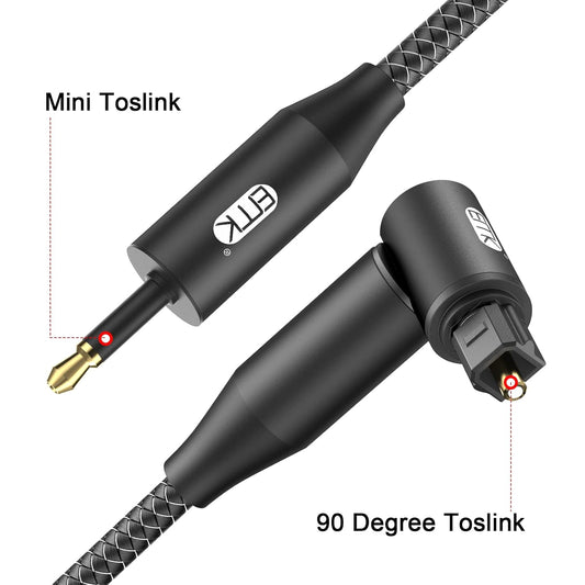 EMK Premium 90° Toslink to Mini Toslink Cable (5Ft/1.5M) - Right Angle Optical to 3.5mm Digital Optic Audio Cable for Soundbars, Home Theater - SPDIF Compatible, Black