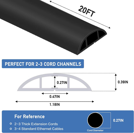 Floor Cord Cover Self Adhesive Cord Hider Floor Extension Cord Covers for Floor Power Cord Protector Cable Management Prevent Cable Trips Cable Cavity 0.47" W x 0.27" H (Black, 20Ft)