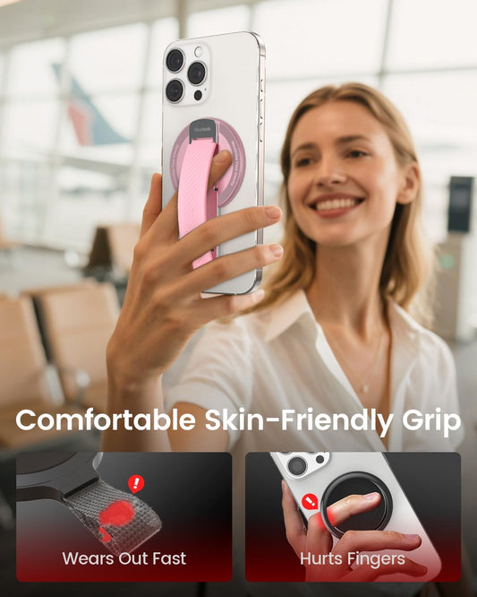 2025 Klearlook for MagSafe Phone Grip with Silicone Finger Strap, Removable Magnetic Phone Ring Holder with Adjustable Kickstand, Finger Phone Ring Grip for iPhone 16/15/14/13/12 Series, Pink