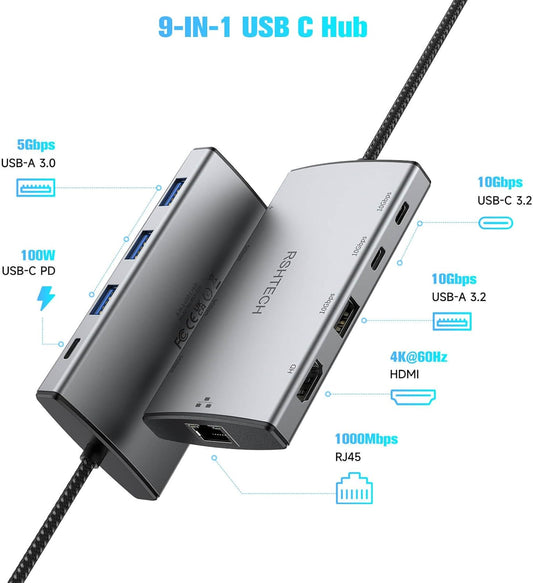RSHTECH 9-in-1 USB C Hub Multiport Adapter with 4K HDMI, 10Gbps USB-3.2 Ports(2C + 1A), 3 USB-3.0 5Gbps Data Ports, 100W PD, Gigabit Ethernet, Aluminum USB-C Dongle for MacBook, Laptops and More