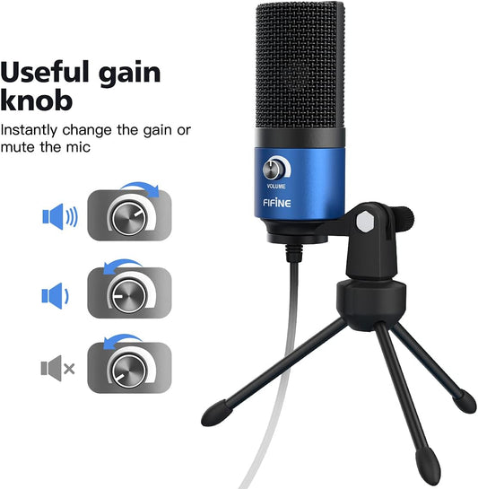 FIFINE USB Computer Microphone for Recording YouTube Video Voice Over Vocals for Mac & PC, Condenser Mic with Gain Control for Home Studio, Plug & Play - K669L