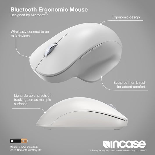 Incase Bluetooth Ergonomic Mouse – Designed by Microsoft – Two Thumb Buttons, Easy to Grip Thumb Rest, Precision Tracking, Connects 3 Devices, 15 Month Battery Life, PCs/Laptops (Glacier)