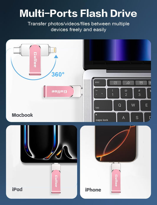 Gulloe 256GB Flash Drive Intended for iPhone, Memory Stick Storage for Photos and Videos Backup, Compatible with iPhone iPad Android PC, Plug and Play, No Application Required (Pink)