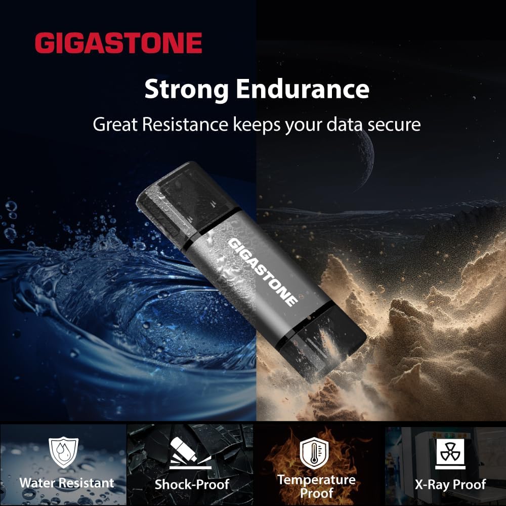 GIGASTONE 64GB Dual Flash Drive (2 Pack) Z40 USB 3.2 Gen 1, 2-in-1 Type-A & Type-C, 100MB/s Ultra Fast, Head Cap Design, Plug & Play for Smartphone/PC/Mac/TV/Car Audio, USB 2.0/3.0/3.1 Compatible