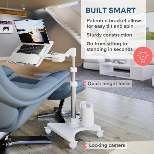 LEVO G2 Deluxe Adjustable Laptop Stand – Rolling Computer Desk & Ergonomic Table for Bed, Sofa, or Office – Portable Mobile Workstation with Tilt – Fits Devices up to 16″ - Silver & White