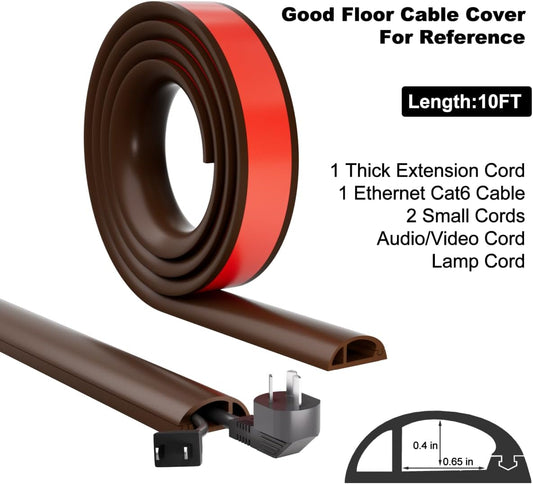 10FT Side-Open Extension Cord Covers for Wires on Floor,Silicone Power Cable Protector Cord Hider Management Strip,Hide Electric Wire on Carpet,Chord Runner Protective Safety Wiremold,Brown