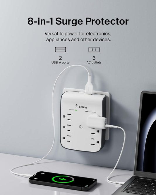 Belkin 6-Outlet Wall Surge Protector w/ 2 USB-A Ports, Wall-Mountable Surge Protector for Home, Office, Travel, Computer Desktop, Laptop, Phone Charger, & More - 900 Joules of Protection