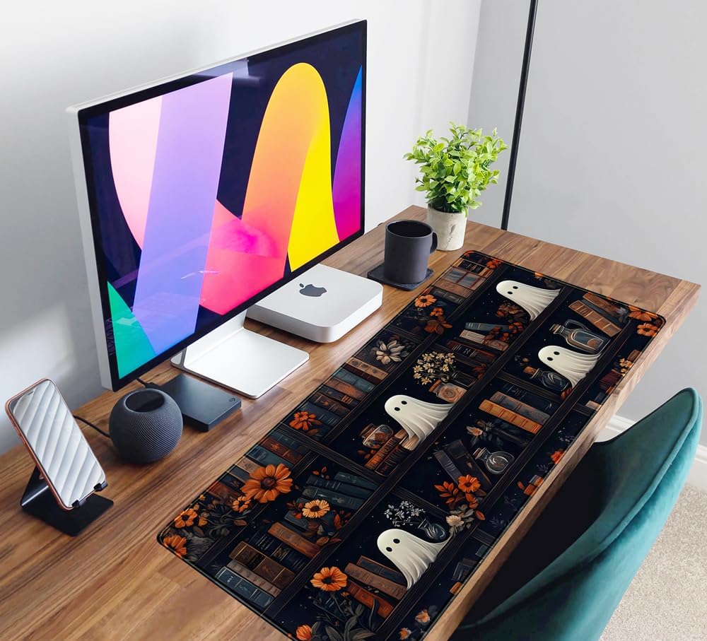 Cute Ghost Desk Mat Dark Vintage Large Mouse Pad Gaming Black Mouse Pad XXL Large Gaming Mousepad Desk Mat for Desktop Office Computer Laptop Keyboard and Mouse Mat - 31.5 X 15.7 in Desktop Protector