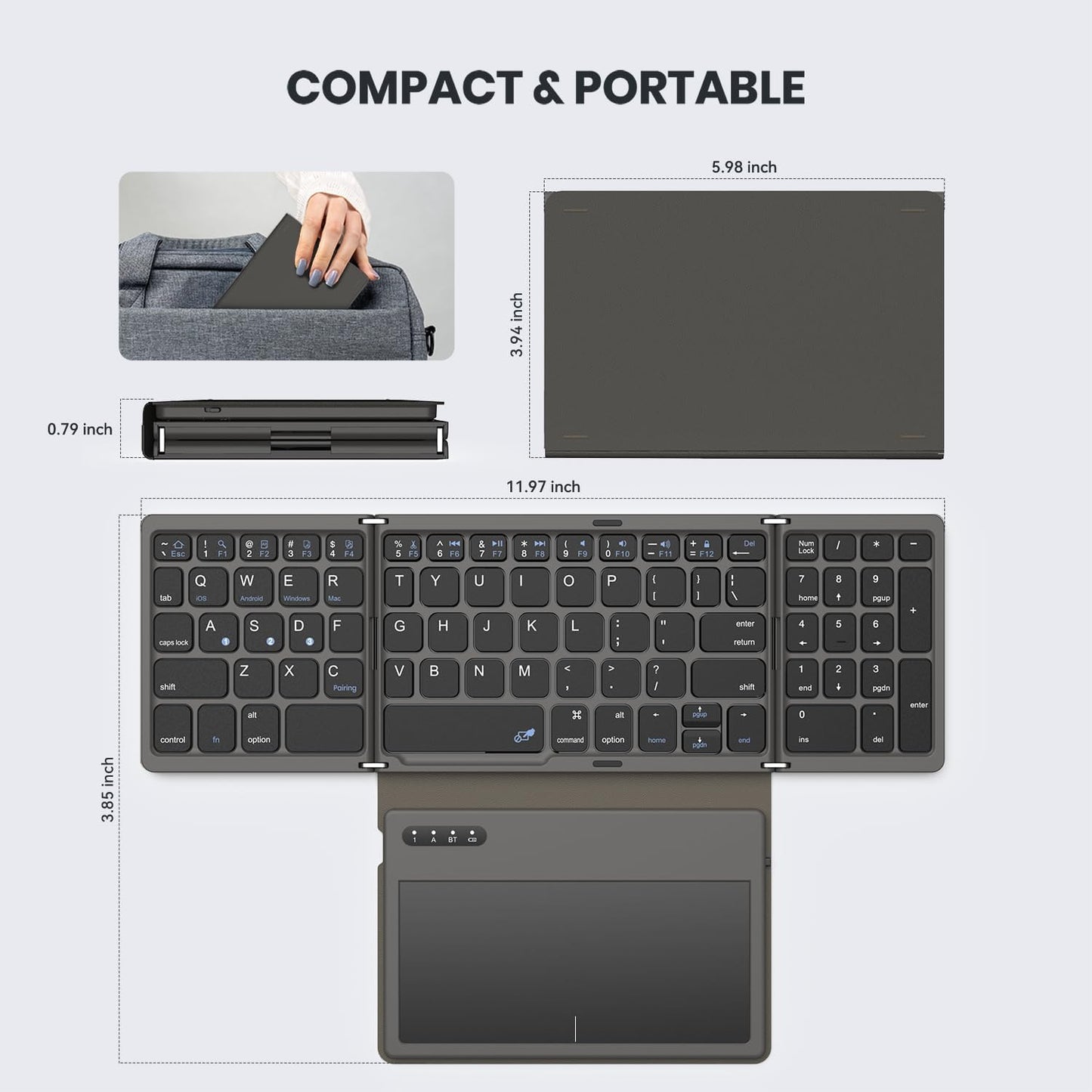 Foldable Bluetooth Keyboard with Large Touchpad, Numeric Keypad, PU Leather, Wireless Travel Keyboard for Windows, iOS, Android, Mac (Grey)