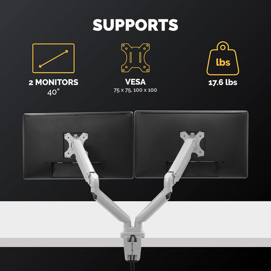 Fellowes Platinum Series Dual Monitor Arm for 40-Inch Monitors, Full Motion, 360° Rotation, VESA Mount with Grommet or Clamp, USB Ports, Ergonomic, Silver, 8056501