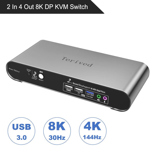 2 Port DP USB 3.0 Automatic KVM Switch Quad Monitor Two Computers Four DisplayPort Monitors, 8K@30Hz 4K@144Hz, Aluminum hotkey Audio Microphone, Digital Display, HDR10 with Cables