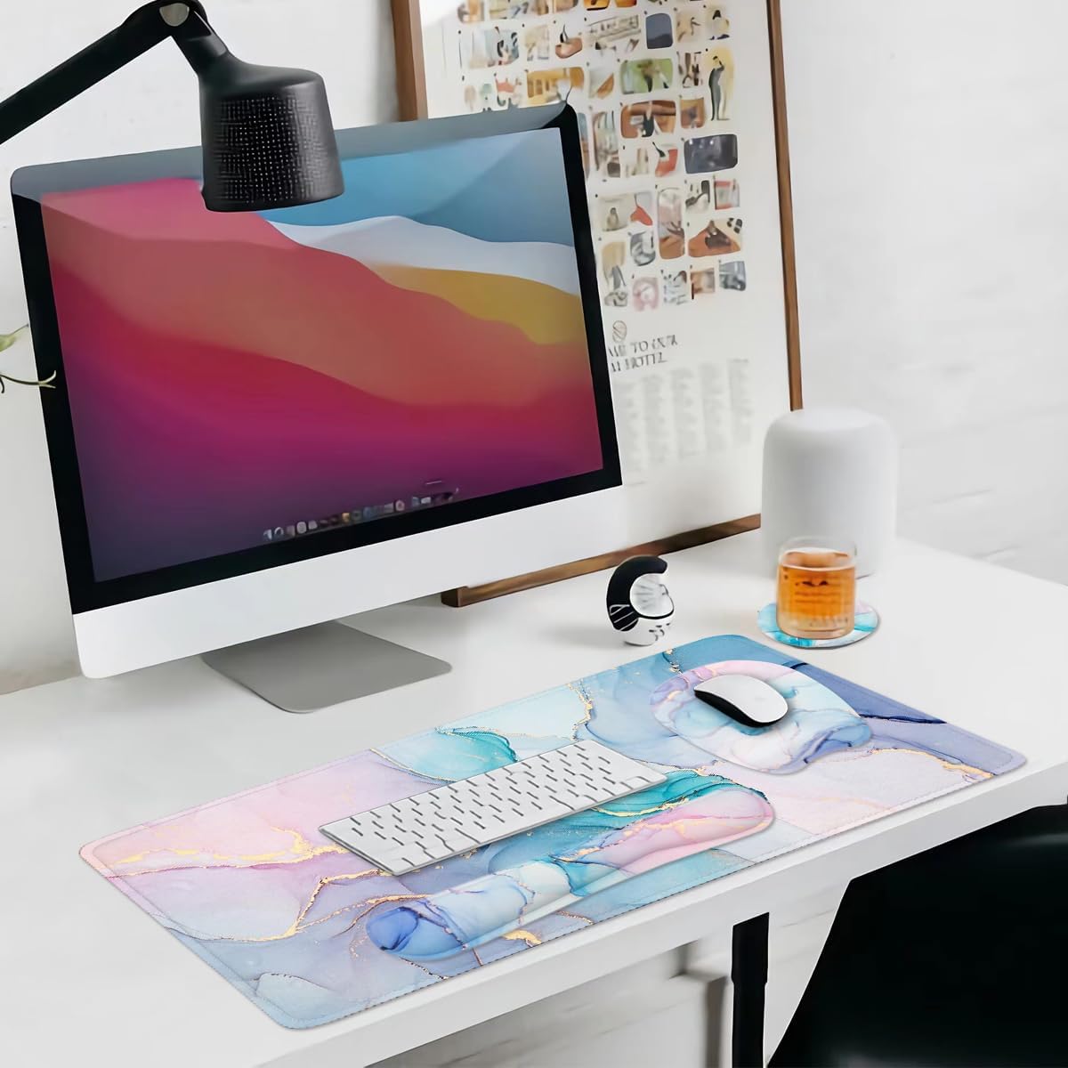 Keyboard Wrist Rest Large Mouse Pad Wrist Support for Computer, 4 in 1 Memory Foam Keyboard Pad Desk Mat Ergonomic Hand Rest Wrist Cushion for Home Office Gaming - Blue Marble