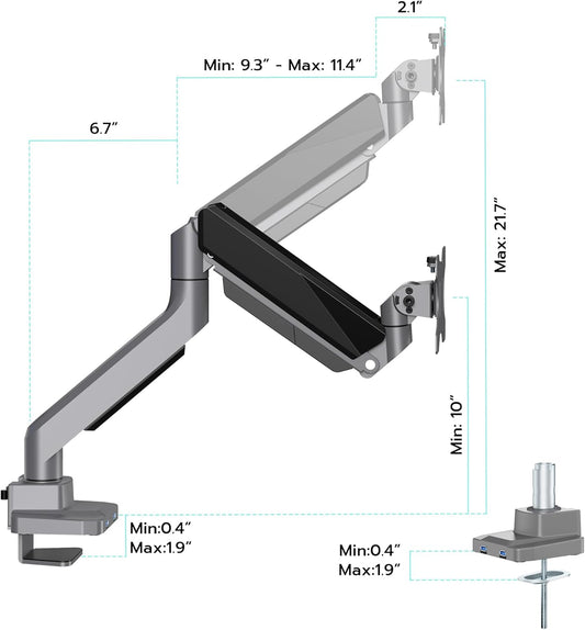 ARES WING Single Monitor Arm, Heavy Duty Adjustable Monitor Arm for 13"-45" Screens with USB, Gas Spring Desk Mount Stand with C Clamp/Grommet Mounting Base up to 40lbs Computer, Gray