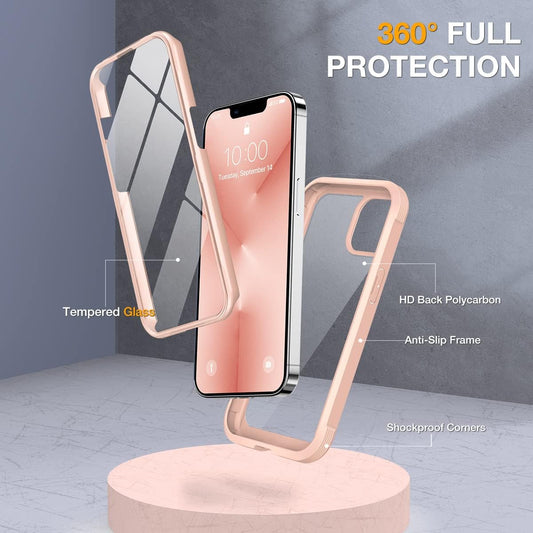 Miracase Glass Case for iPhone 13 Pro Max 6.7 inch, Upgrade Full-Body Clear Bumper Case with Built-in 9H Tempered Glass Screen Protector for iPhone 13 Pro Max, Pink