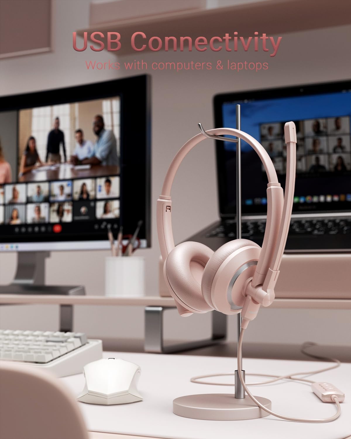 Computer USB Headset with Microphone for PC Laptop - WiredHeadphones with in-Line Control, Lightweight, Enhanced Sound & MIC Mute(Pink)