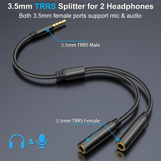 3.5mm TRRS Splitter for 2 Headphones 1FT 2-Pack, Dual Support Audio & Mic, 3.5 mm Aux Jack Cable 1 in 2 out, Double 1/8" Stereo Female Adapter,Headset Split Y Cord 2 Way for Phone/Tablet/Laptop/PC/MP3