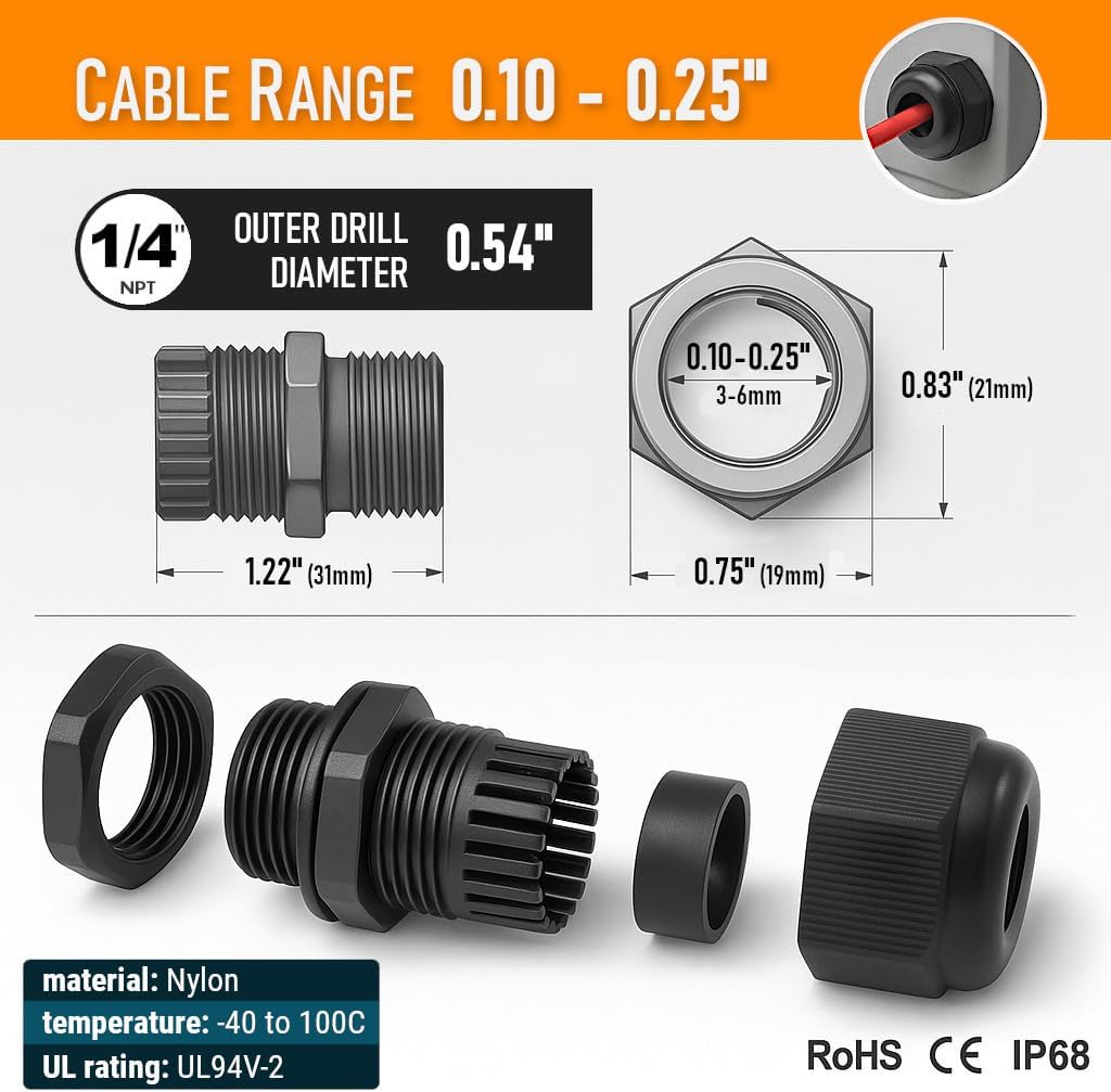 MGI SpeedWare 1/4" NPT Strain Relief Nylon Cord Grip Cable Glands, Black Plastic Grommet 100-Pack