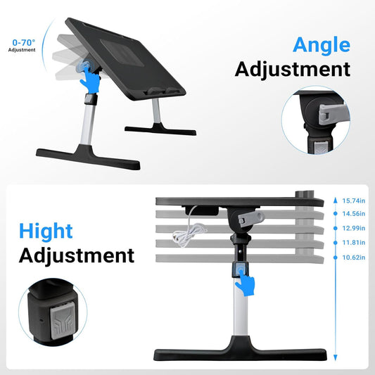 Laptop Lap Desk with Cooling Fan - Adjustable with Light, USB, Storage Drawer - Folding Bed Desk,23.62"*15.74",Black