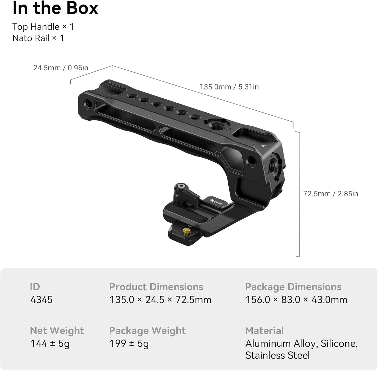 SmallRig Lightweight NATO Top Handle, Quick Release NATO Grip w/NATO Rail for DSLR Camera Cage, Universal Top Handle with 5 Cold Shoe Adapters - 4345