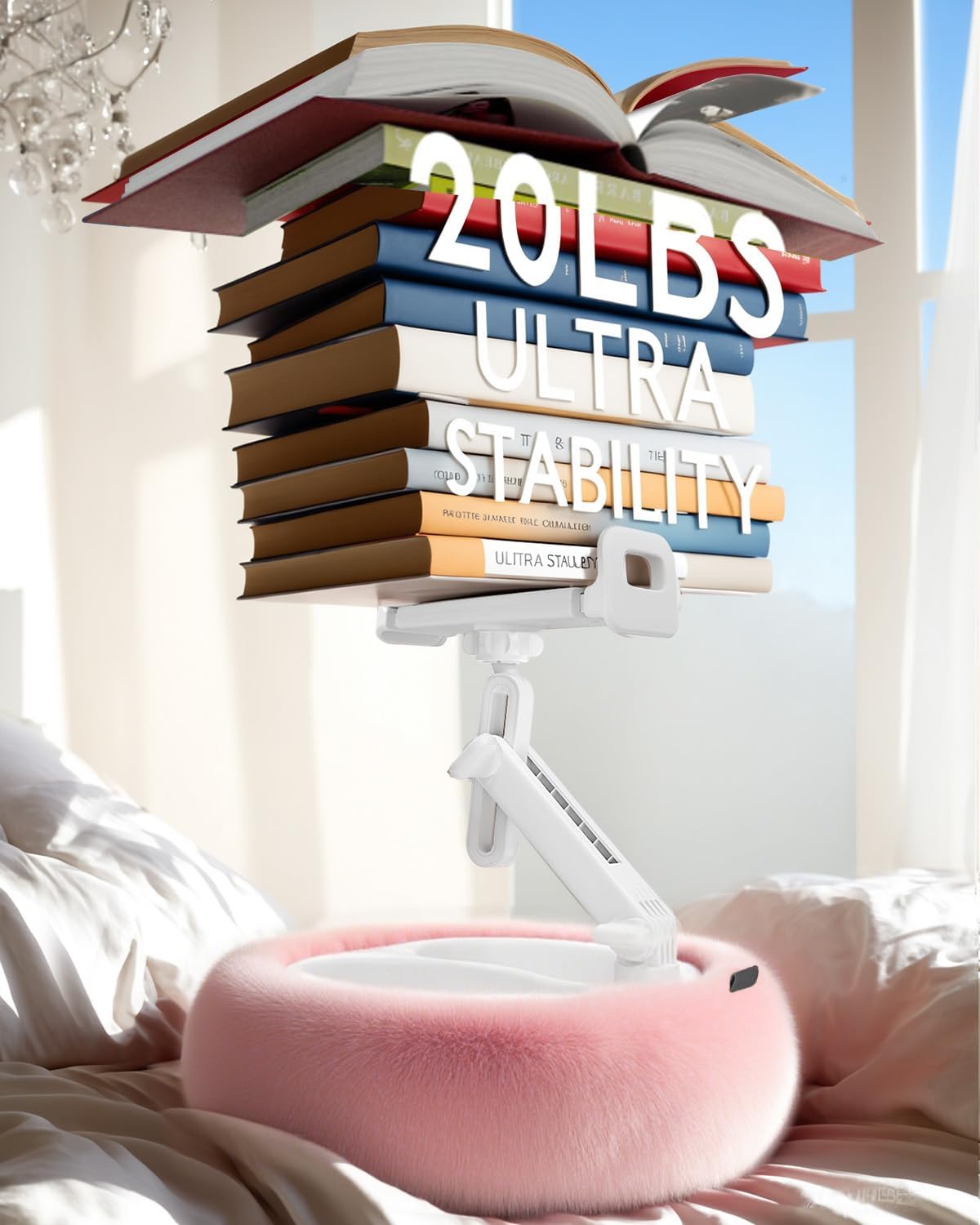 Tablet Pillow Stand, Compatible with 4.7"-12.9" Kindle, iPad, Phone/Tablet, Google, 360° Rotating Phone Holder for Bed, Detachable Bowl, Reading and Relaxation on Bed, Pink, Large (Faux Fur Pillow)