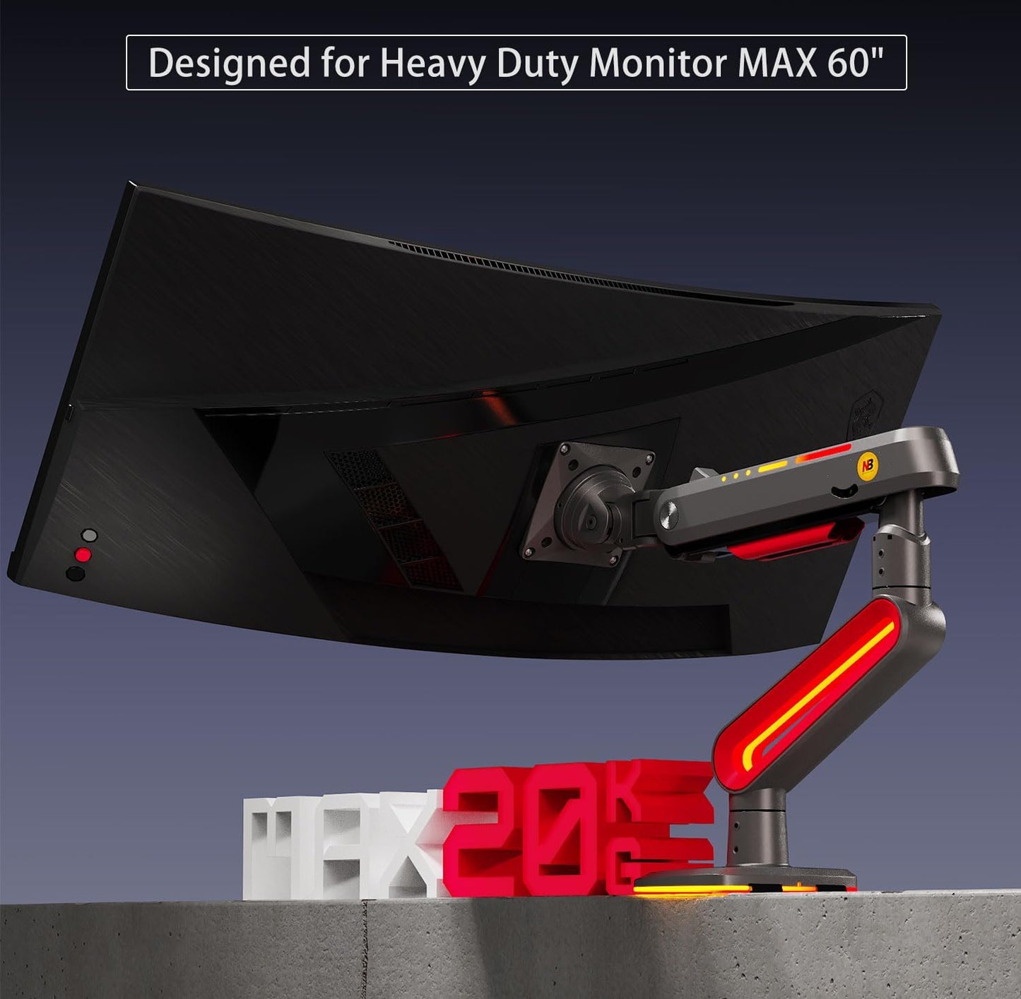 RGB Gaming Monitor-arm for Flat/Ultrawide/Curved Monitors 32 to 60 inch, Heavy Duty Stand Load up to 20 kg, VESA 75/100 mm Monitor-Mount L60