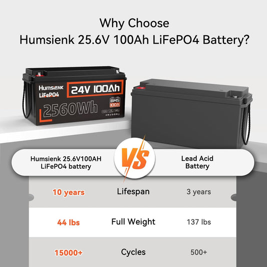 2 Pack 24V 100Ah LiFePO4 Lithium Battery, Built-in 100A BMS with Low-Temp, 15000+ Deep Cycles 10 Years Lifespan, 2560Wh Lithium Iron Phosphate Battery, for RV Solar Energy Off Grid