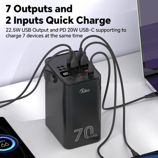 JOKO 70000mAh Power Bank High Capacity 20W PD 3.0 Fast Charging 22.5W Max Large Power Bank,7 Outputs 2 Inputs,LED Display,USB-C Battery Packs for iPhone, Samsung, Outdoors,Camping